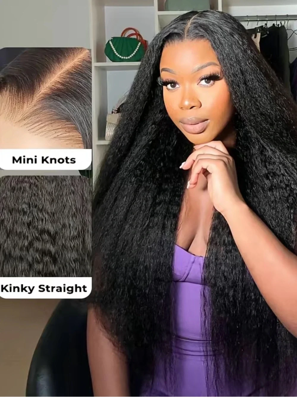 Isee Hair Black Kinky Straight Lace Front Wig - Natural Volume
